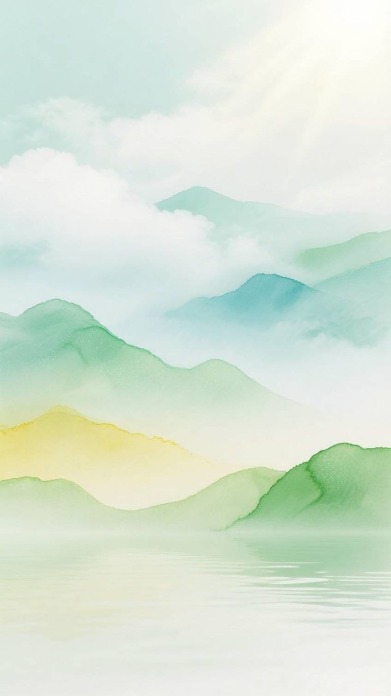 梦幻水彩青绿色雾山柔光空间背景素材