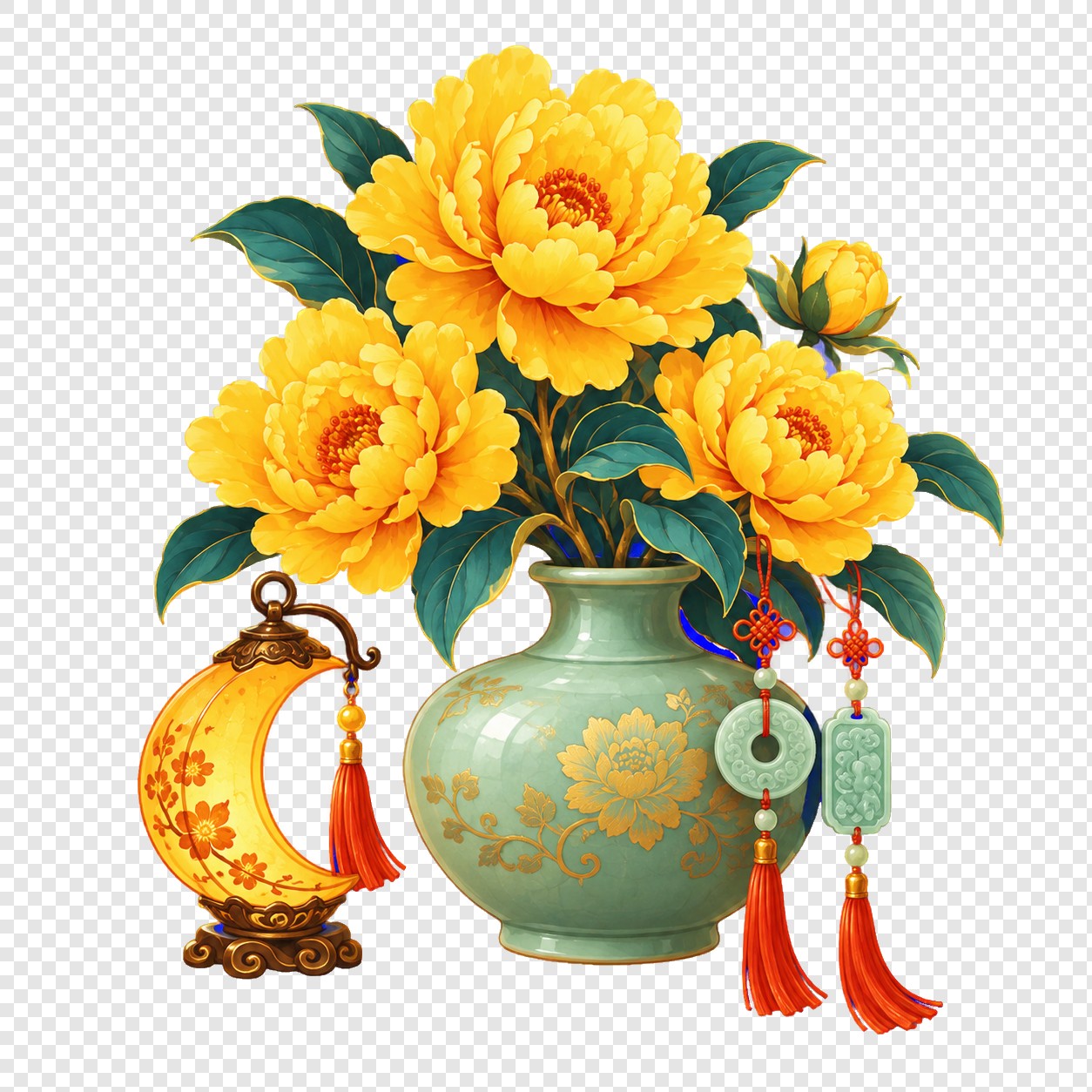金色牡丹青瓷花器月灯素材