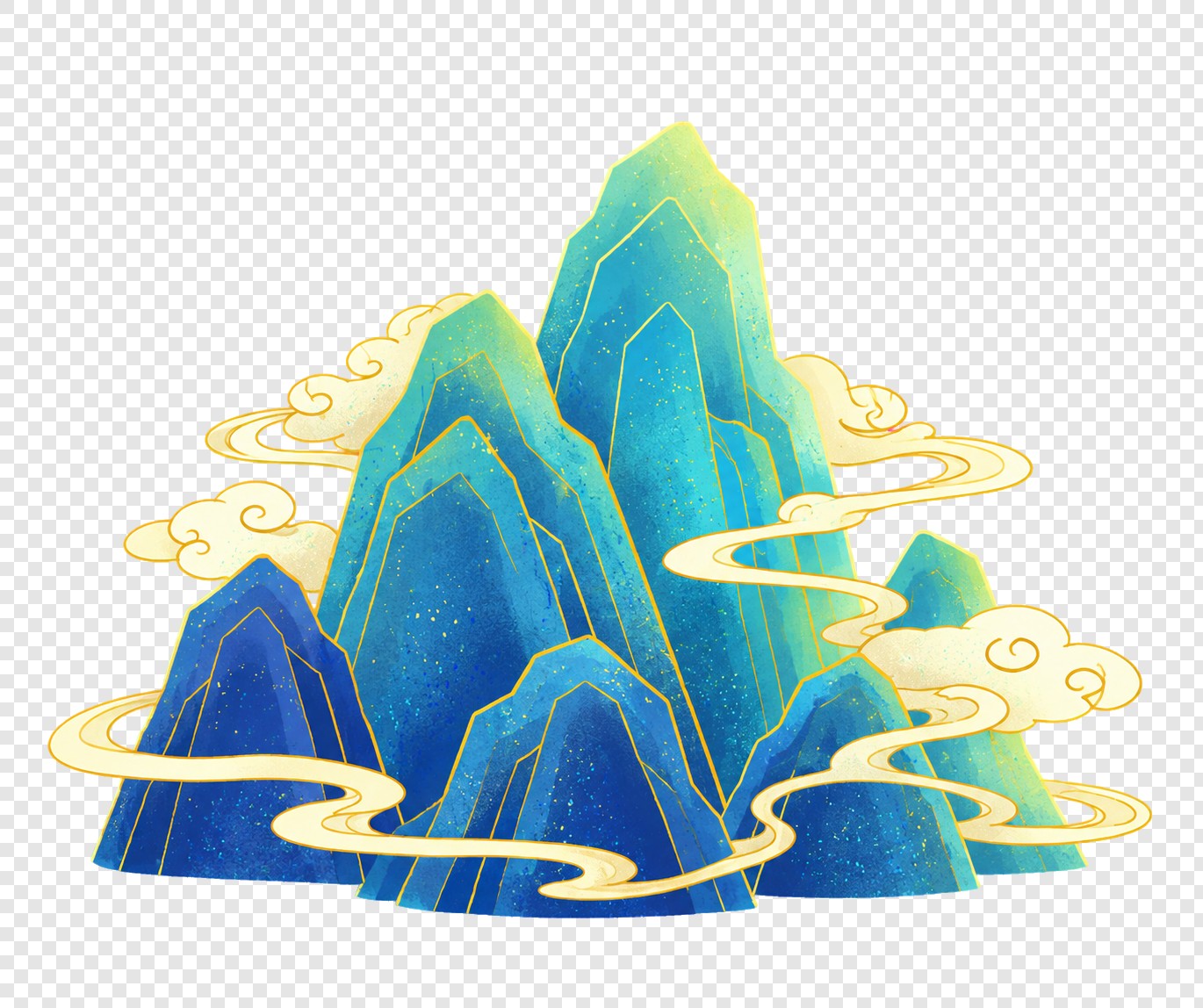青蓝金线山水云纹装饰素材