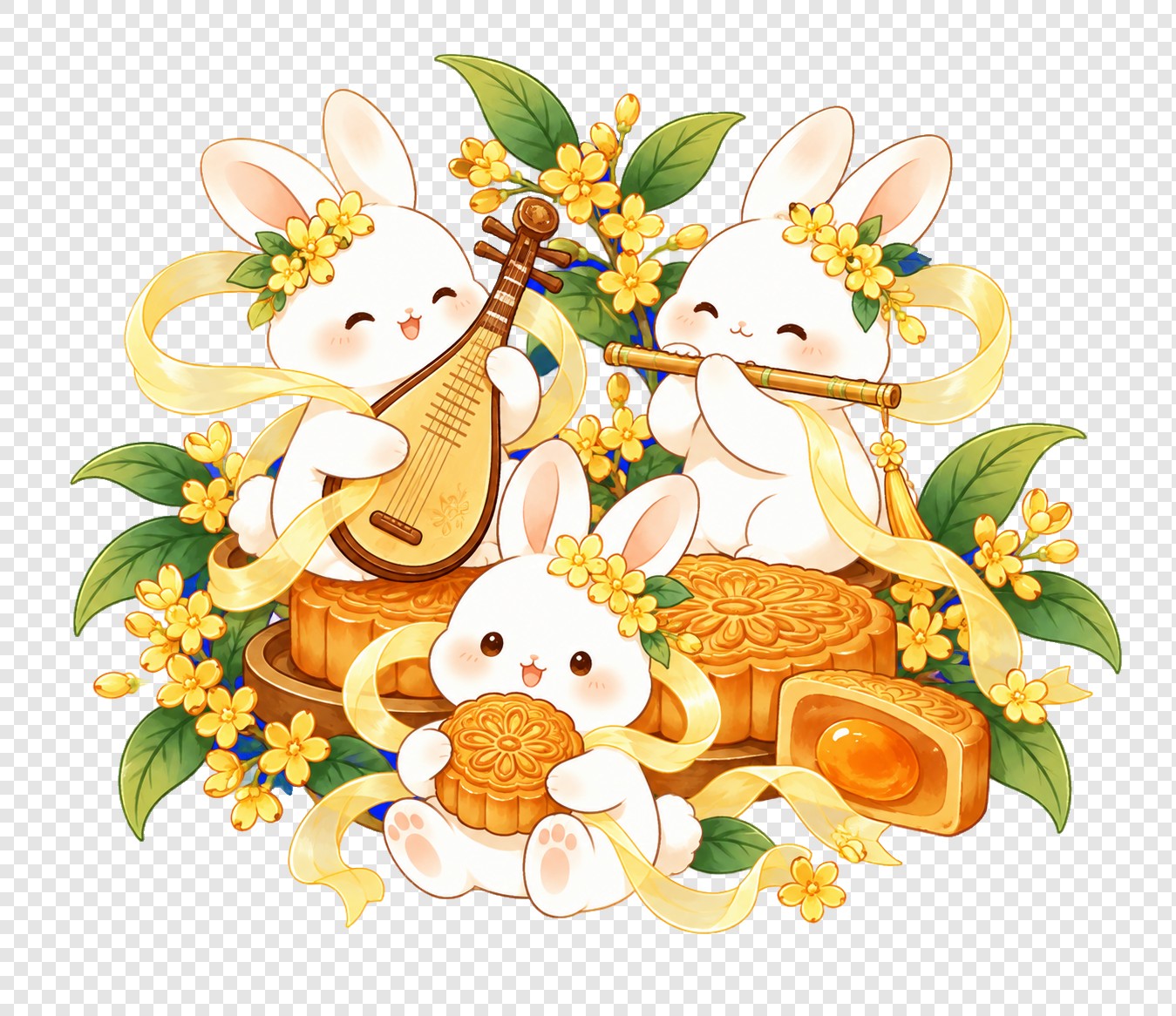 中秋玉兔乐奏月饼插画素材