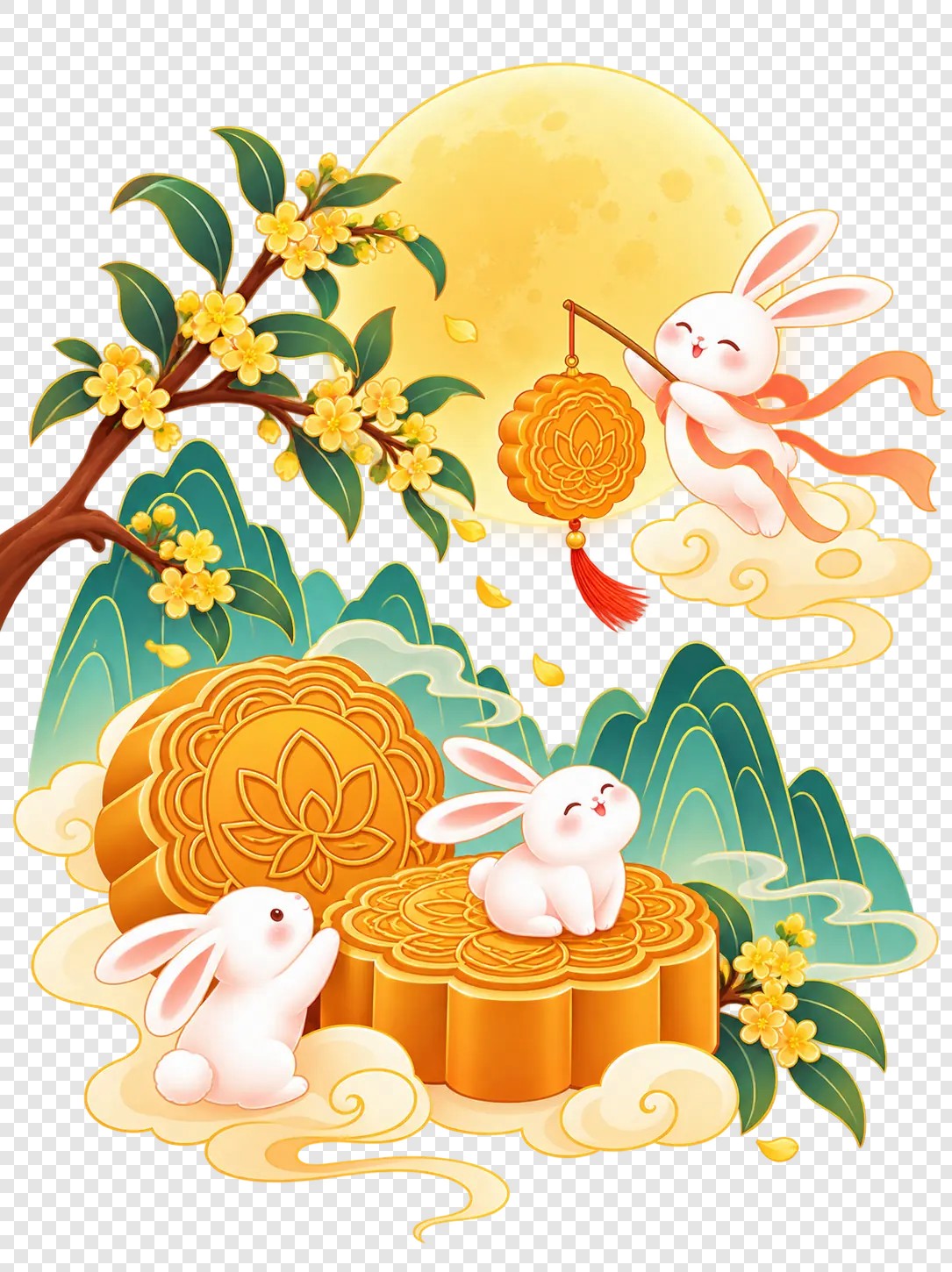 桂月玉兔月饼山水插画素材