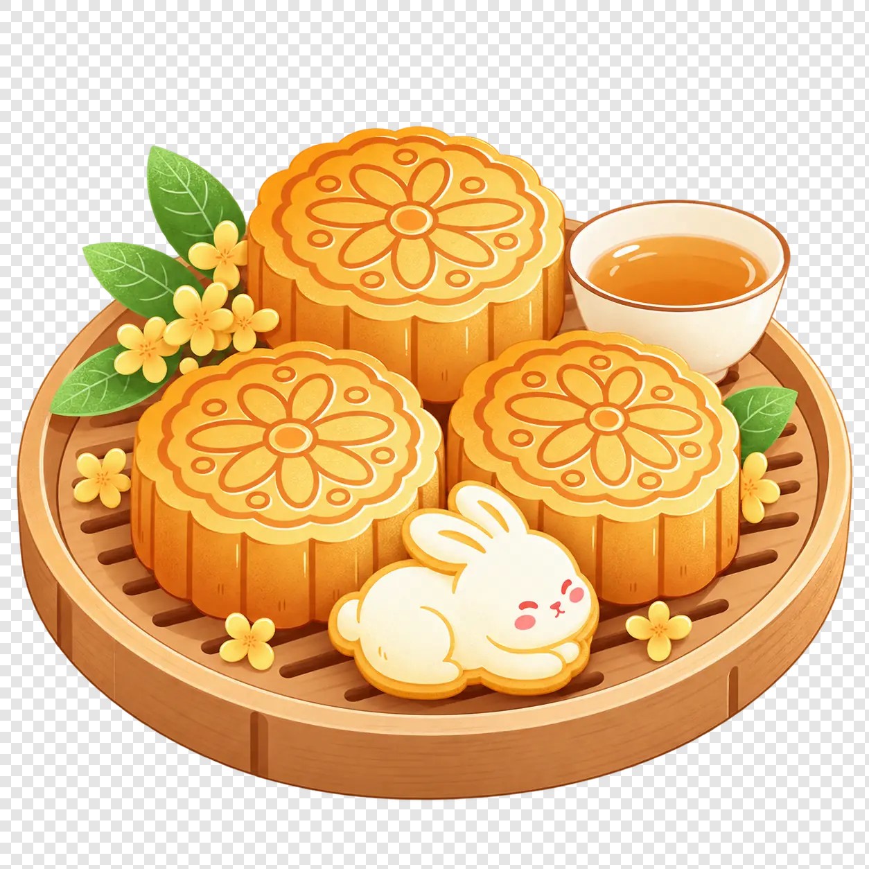 玉兔茶盘月饼插画素材