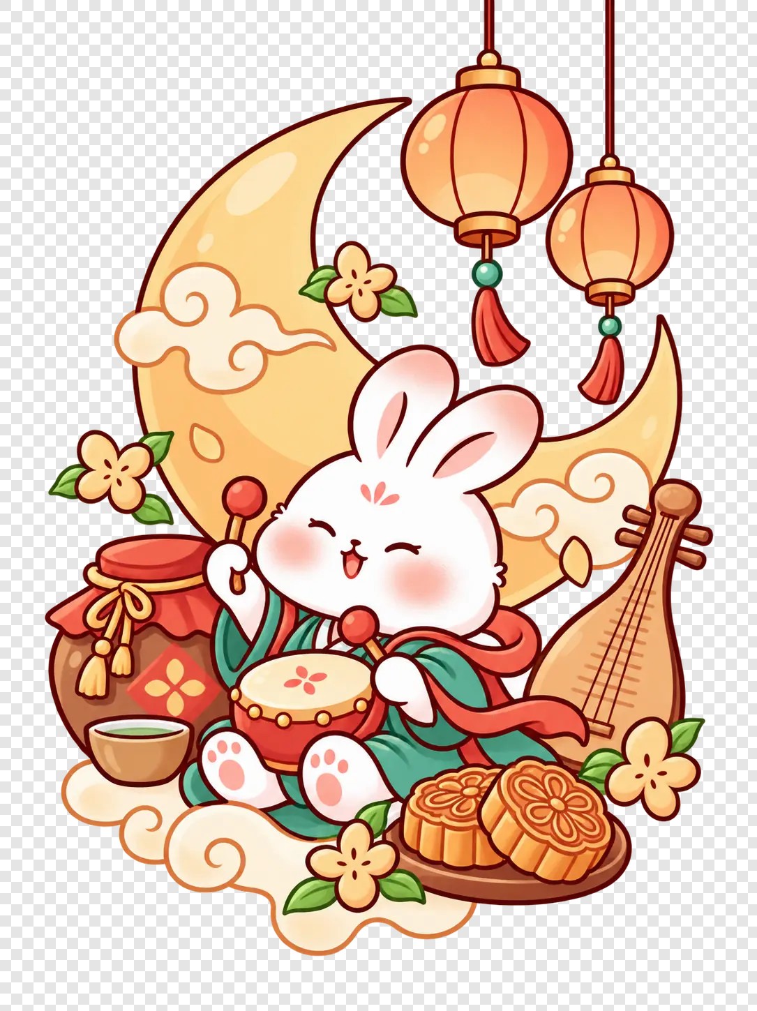 玉兔鼓乐月灯民俗插画素材