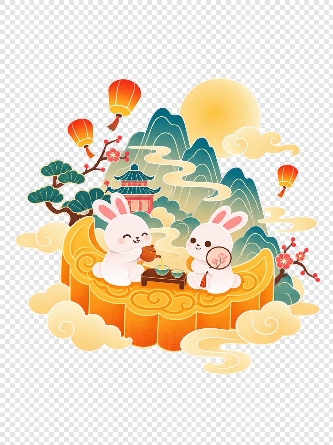玉兔品茗月饼山水插画素材