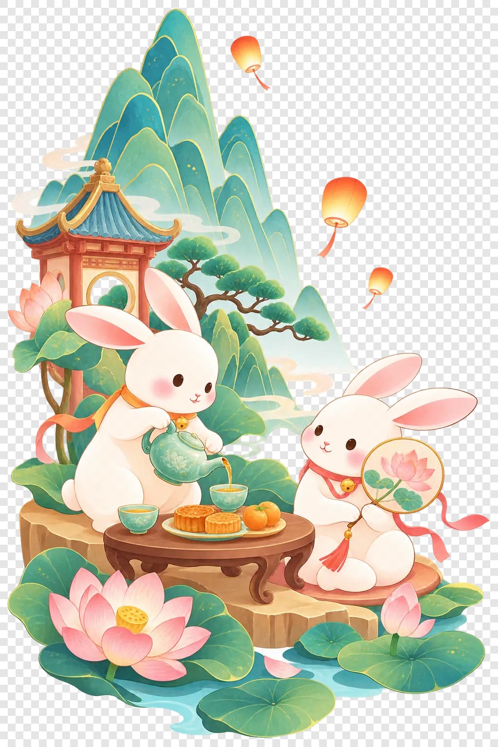 玉兔品茶莲花山水插画素材