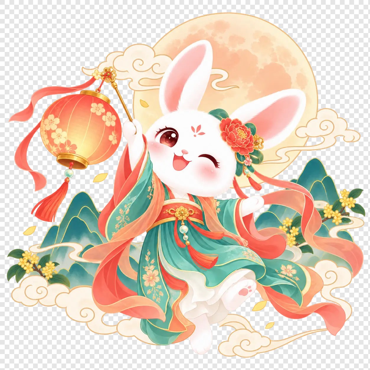 玉兔舞灯月下插画素材