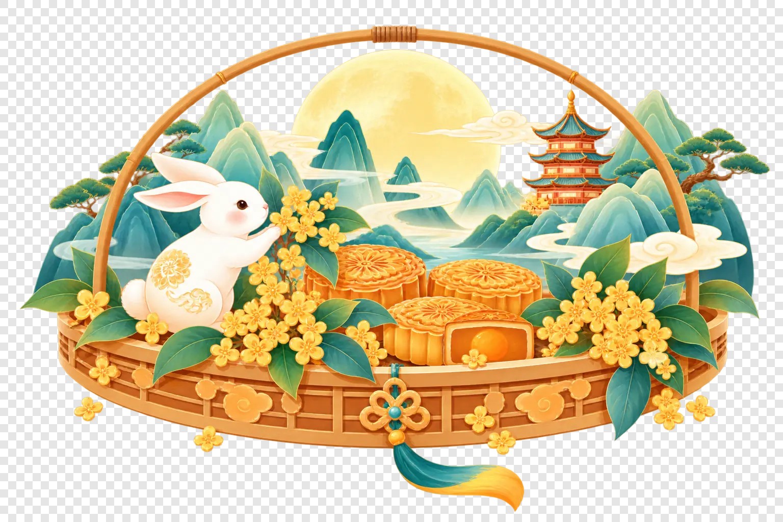 月桂山水月饼篮插画素材