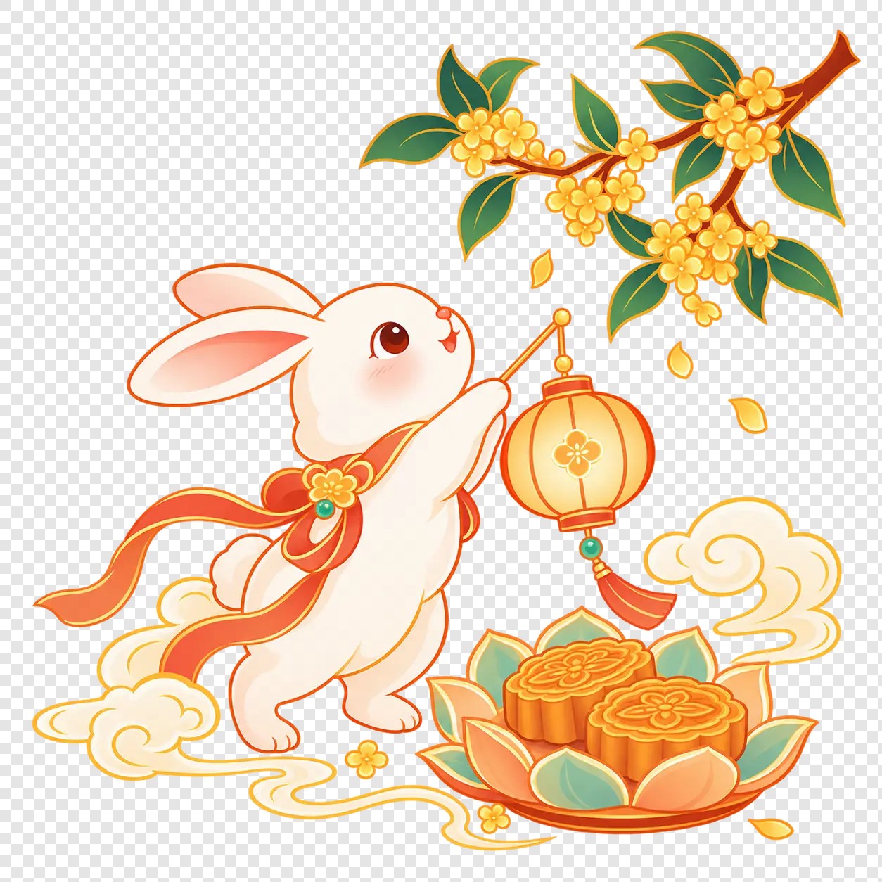中秋玉兔提灯月桂月饼插画素材