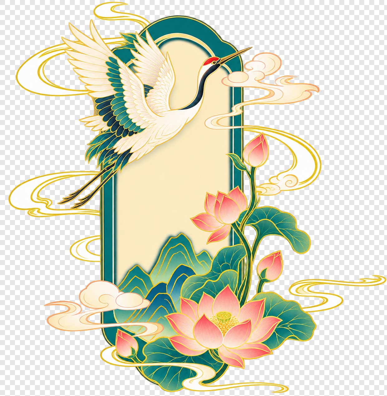 丹顶鹤莲花国潮边框