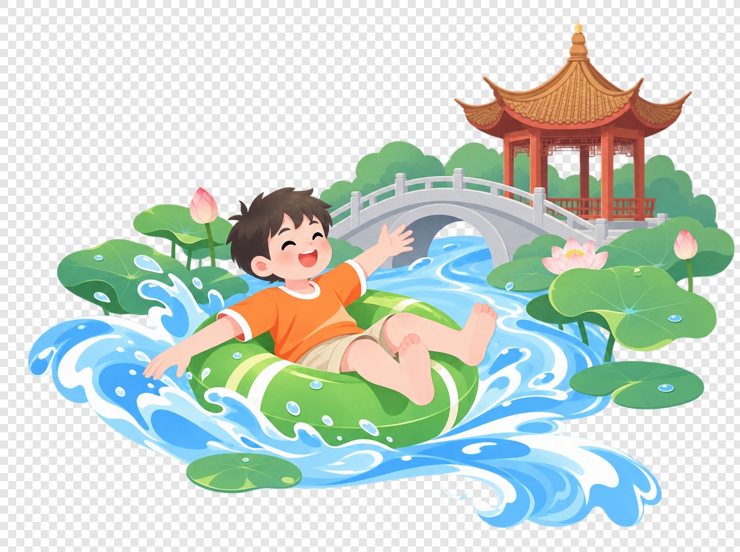 传统亭台水上游玩插画素材