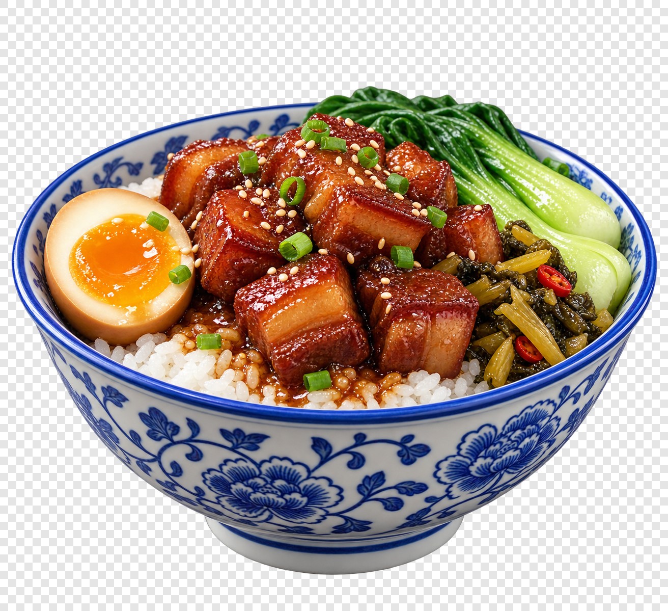 卤肉蛋饭青花瓷碗美食素材