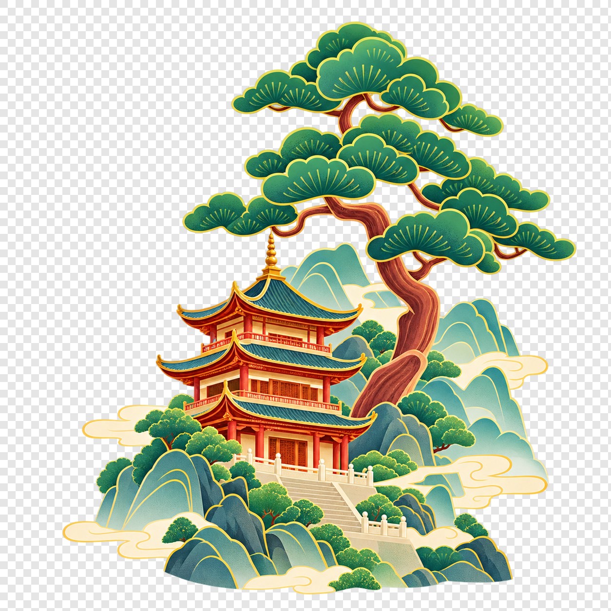 古塔青松国风插画