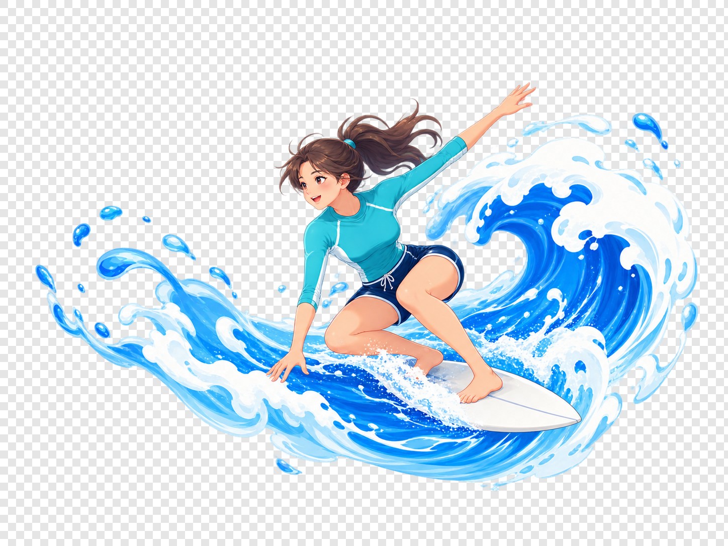 夏日女子冲浪海浪插画素材