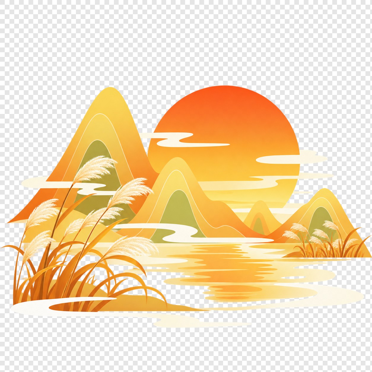 夕阳芦苇国潮山水