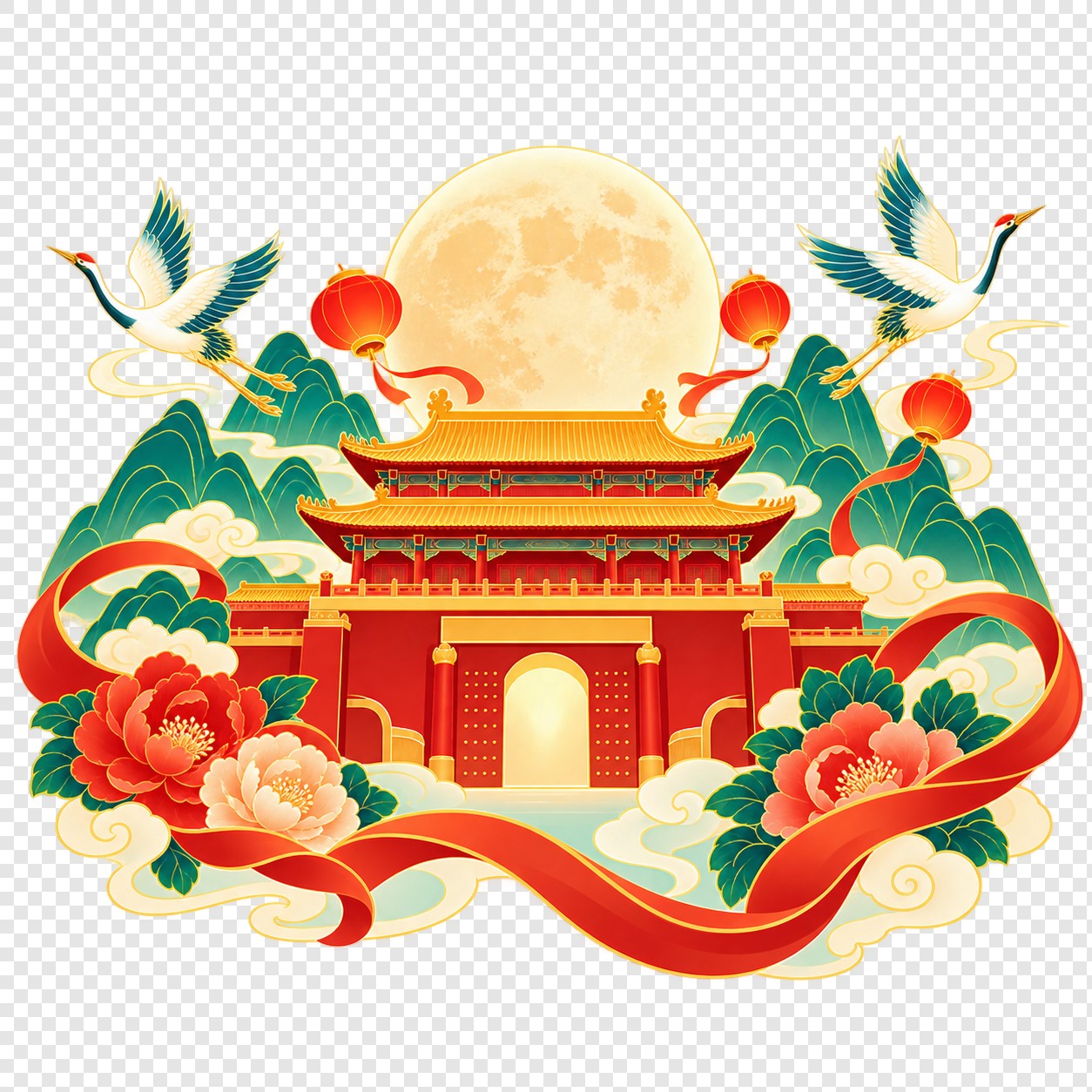 月下宫门仙鹤牡丹插画素材