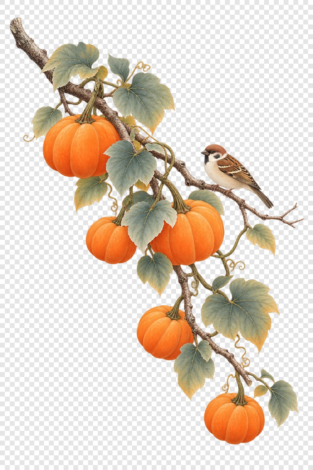秋日南瓜枝头小鸟插画