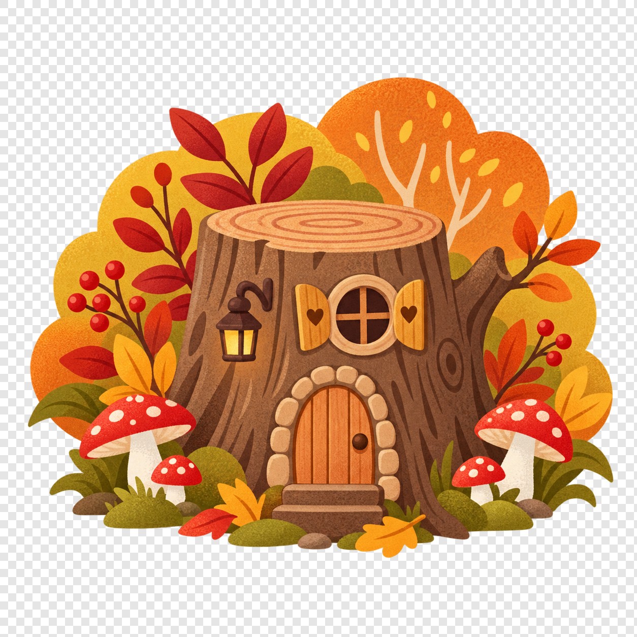 秋日树桩小屋插画