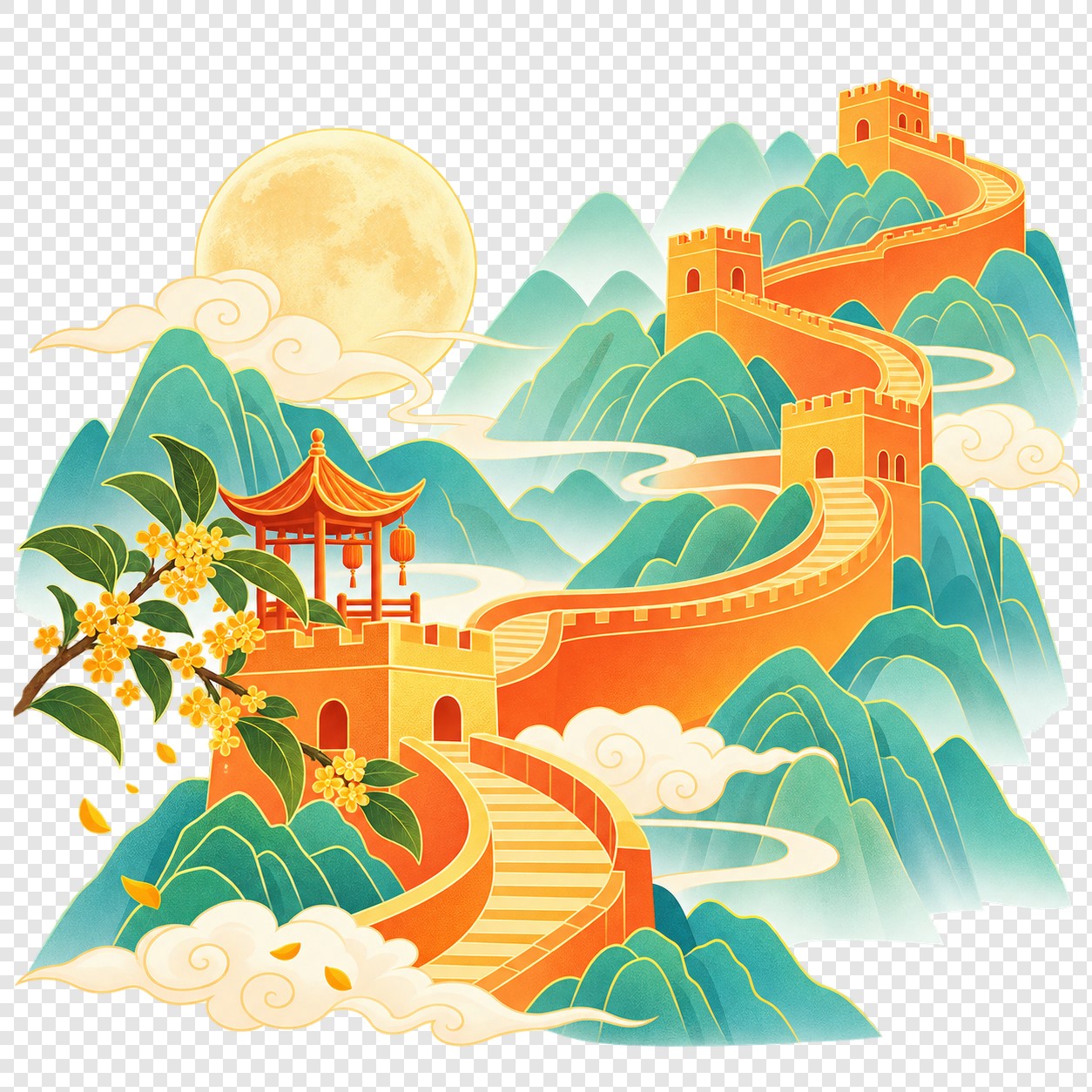 长城月下山水插画素材