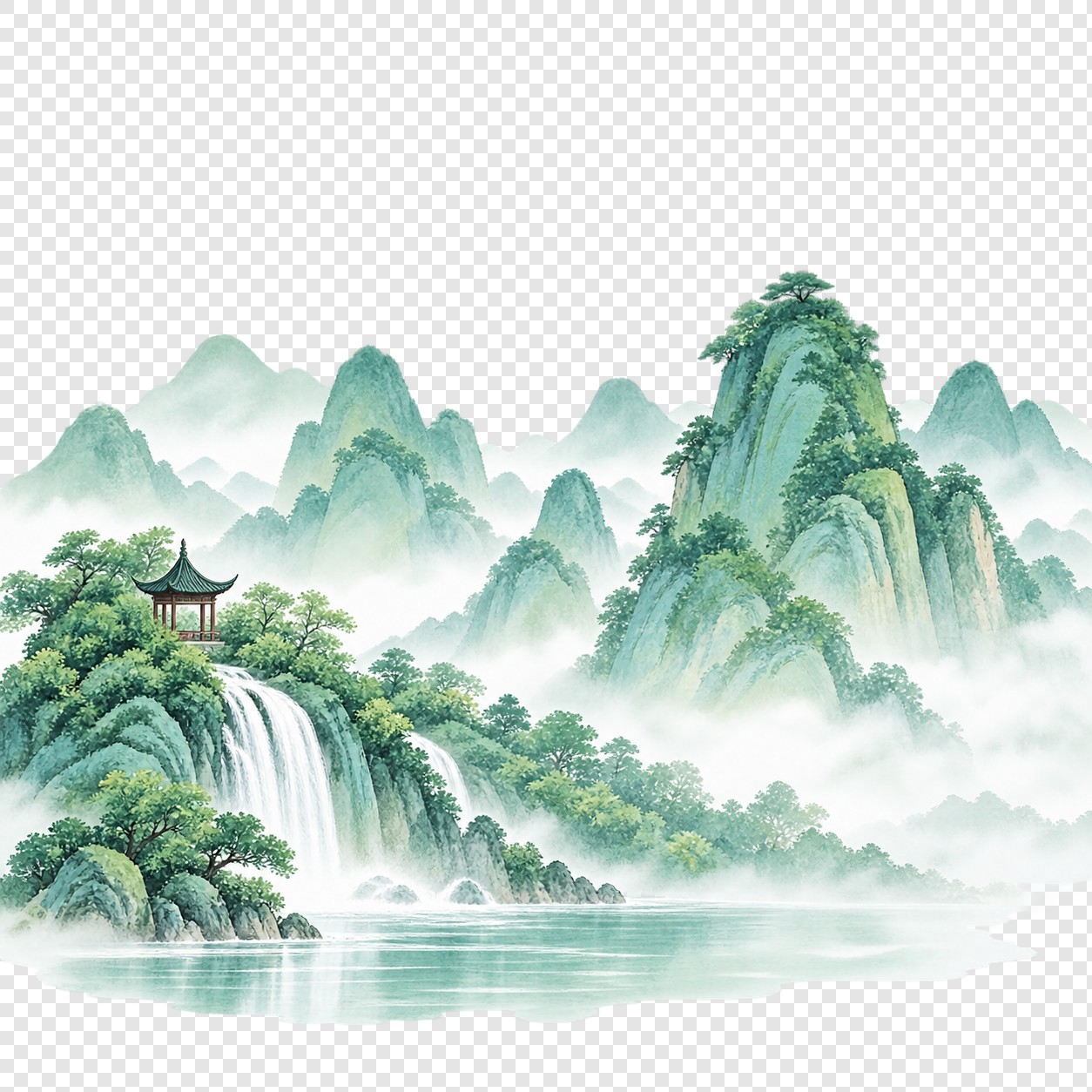 青绿云雾山水