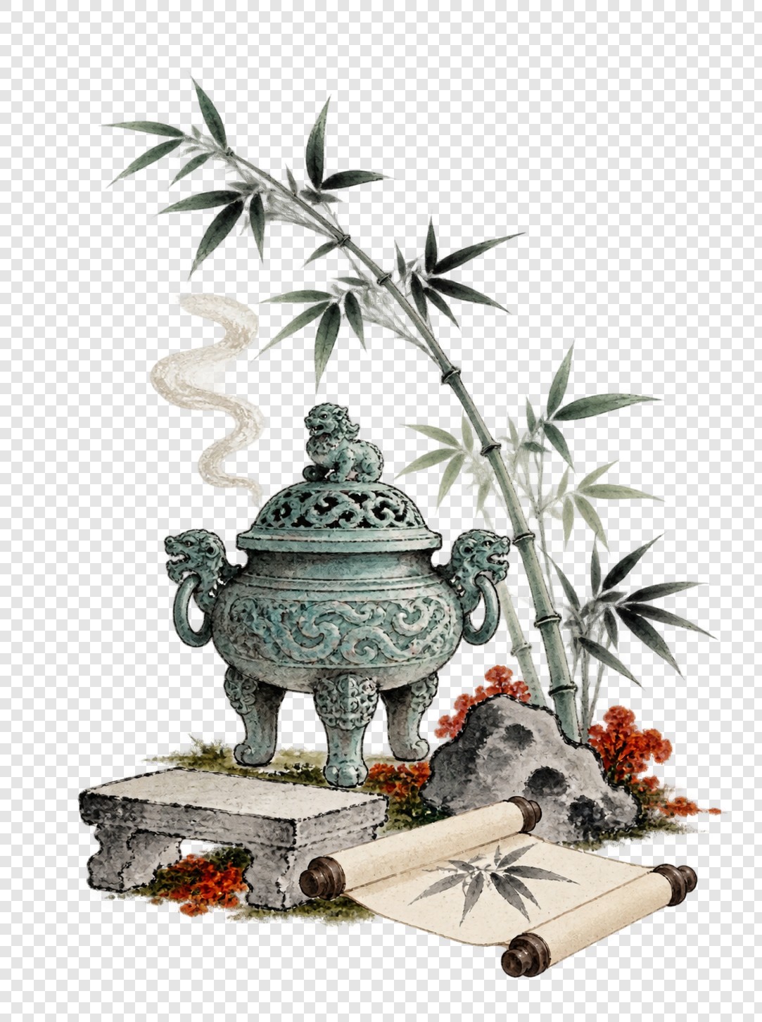 青铜香炉竹卷